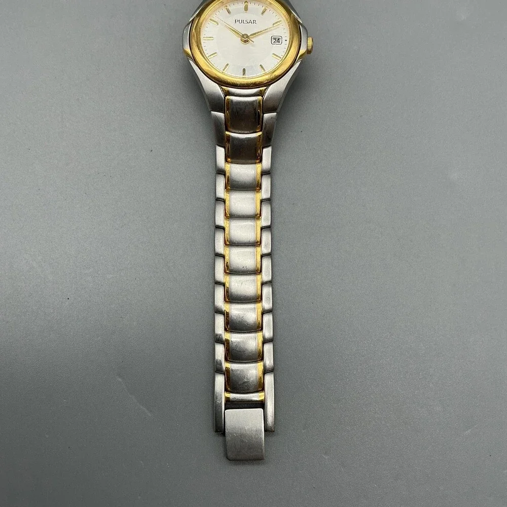 Pulsar V75-X245 Women Watch 24mm White Dial Two Tone Stainless New Battery 6.75